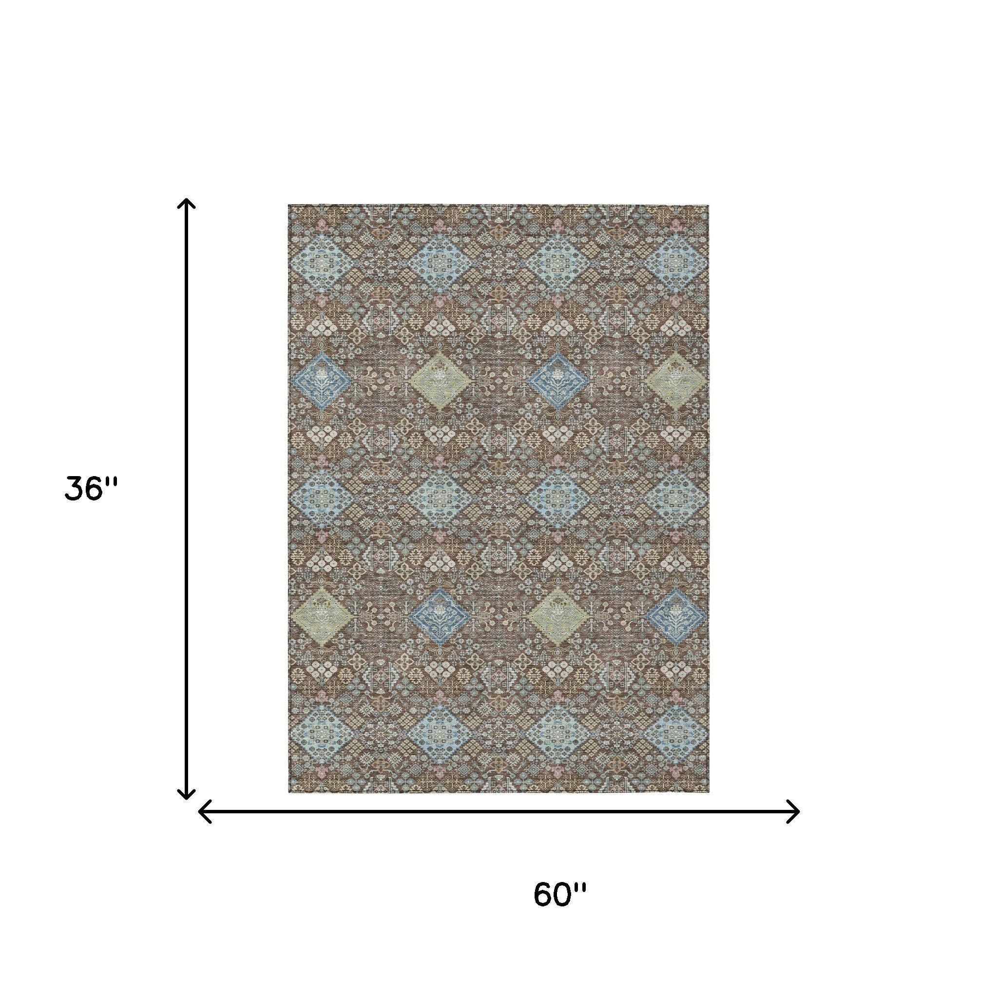 3' X 5' Chocolate And Green Oriental Washable Indoor Outdoor Area Rug - Sports & Outdoor