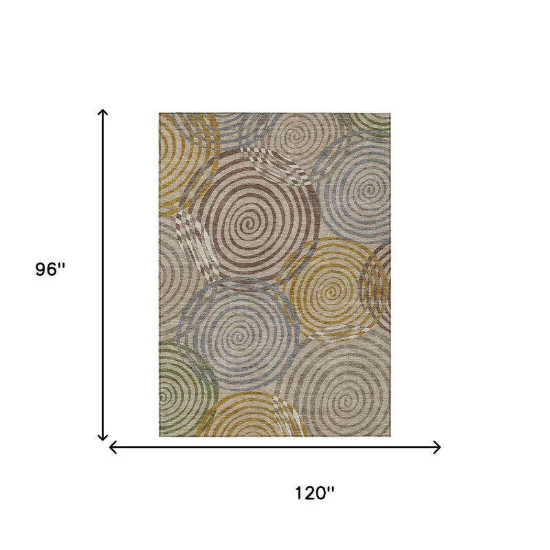 96 in x 120 in geometric swirl area rug, beige base with multicolor circles