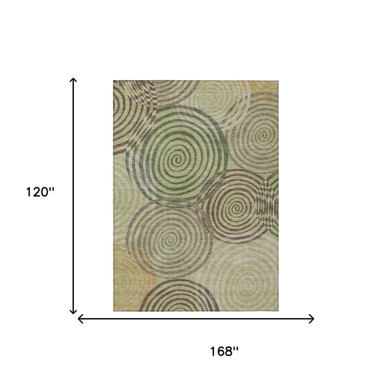 Rectangular area rug with spiral circle geometric design, shown with size dimensions