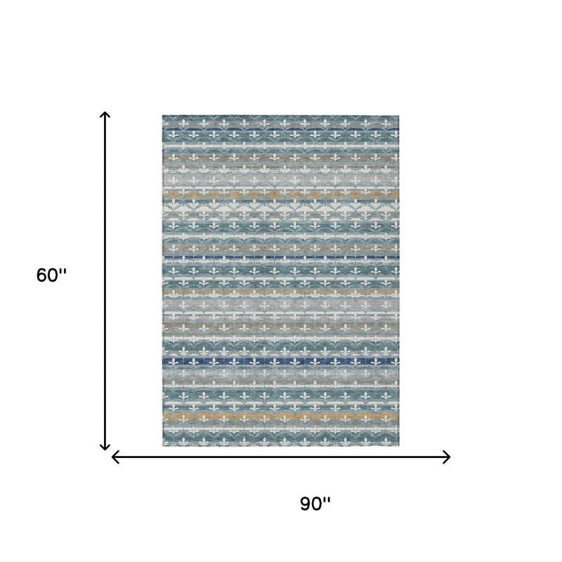 Teal and ivory damask area rug dimensions graphic, 5 ft x 8 ft