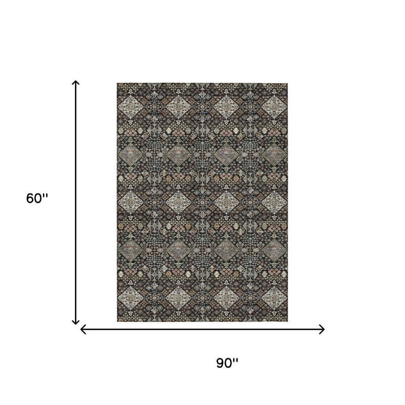 Rectangular area rug size diagram, 60 in x 90 in, dark geometric pattern