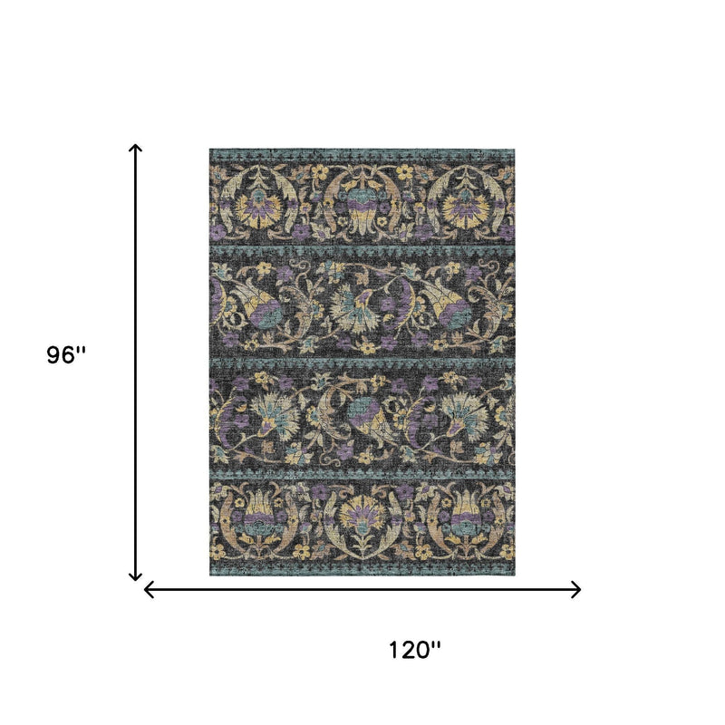 Charcoal floral area rug with ornate medallion stripes in teal and purple accents