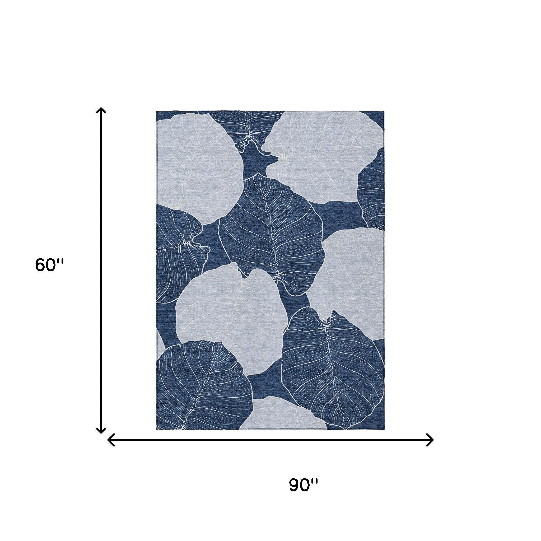 Rectangular area rug with navy and ivory leaf pattern; 90" x 60" size shown.