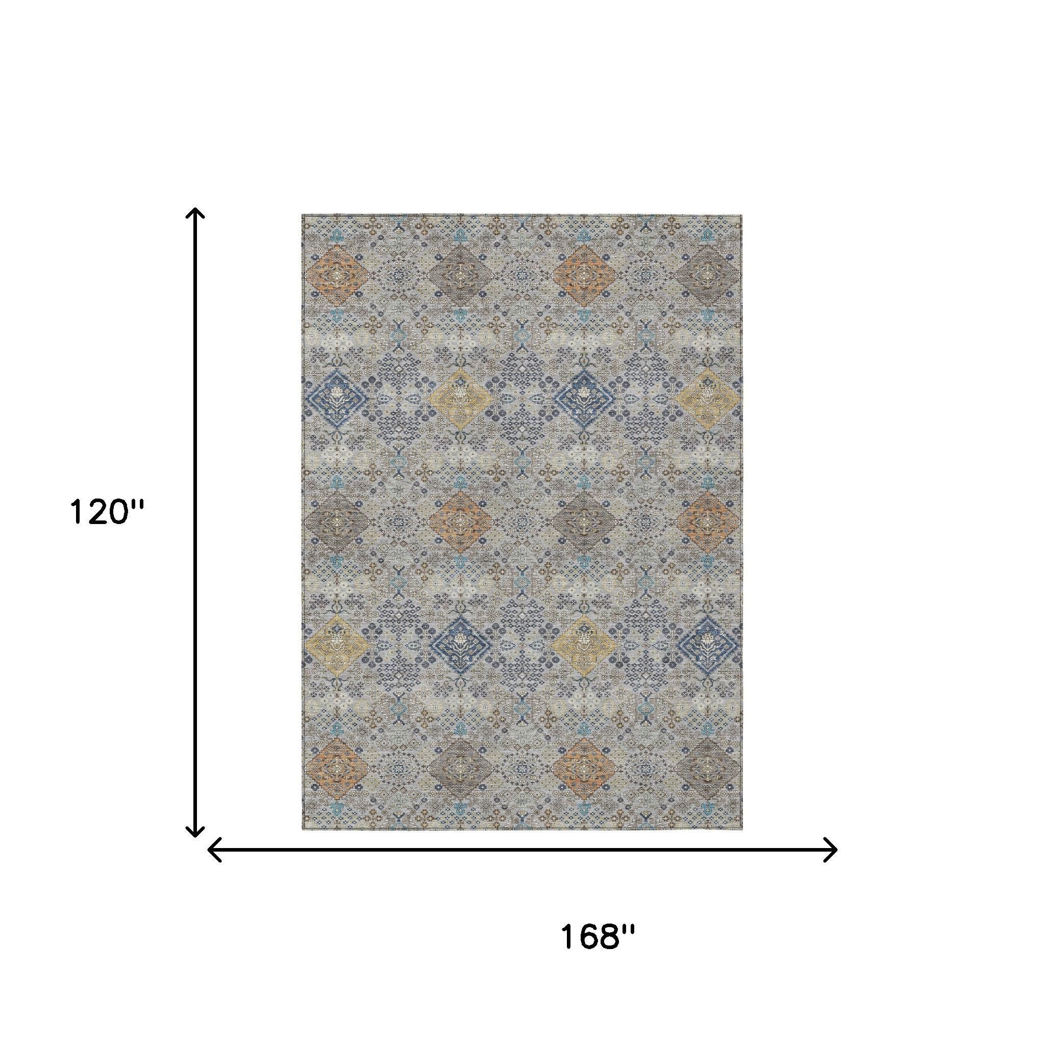 10' X 14' Silver And Navy Blue Oriental Washable Indoor Outdoor Area Rug - Sports & Outdoor