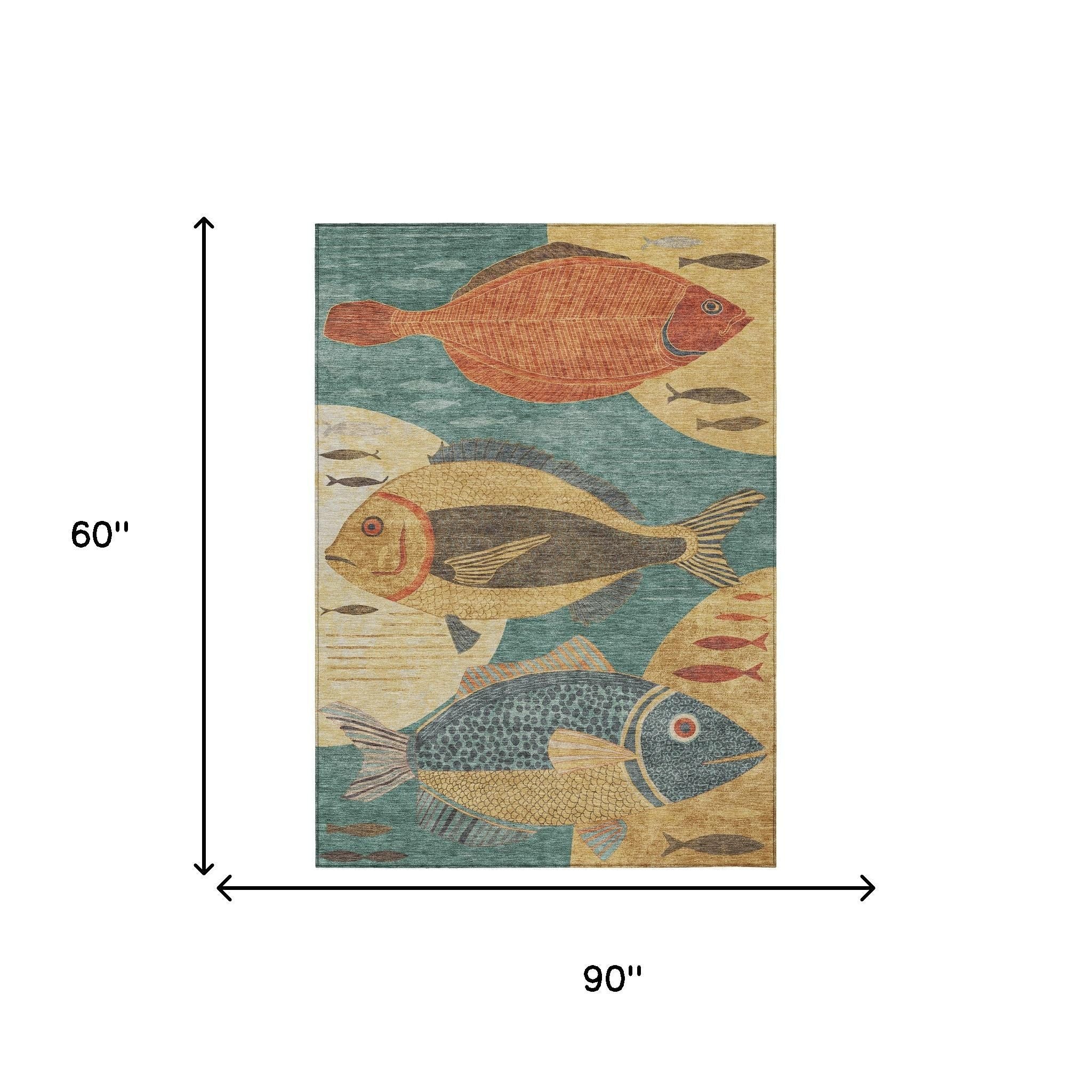 5' X 8' Teal Blue And Gold Tropical Fish Washable Indoor Outdoor Area Rug - Sports & Outdoor