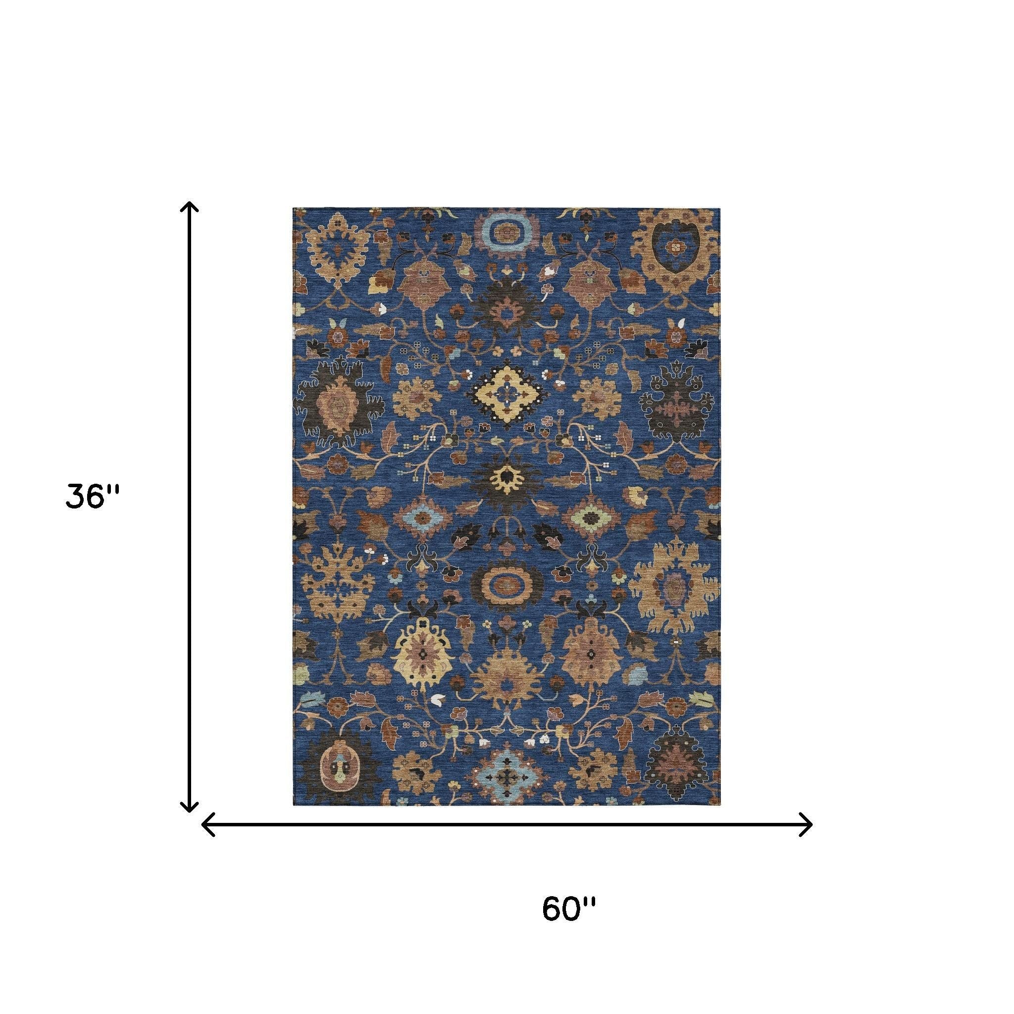 3' X 5' Navy Blue And Copper Floral Medallion Washable Indoor Outdoor Area Rug - Sports & Outdoor