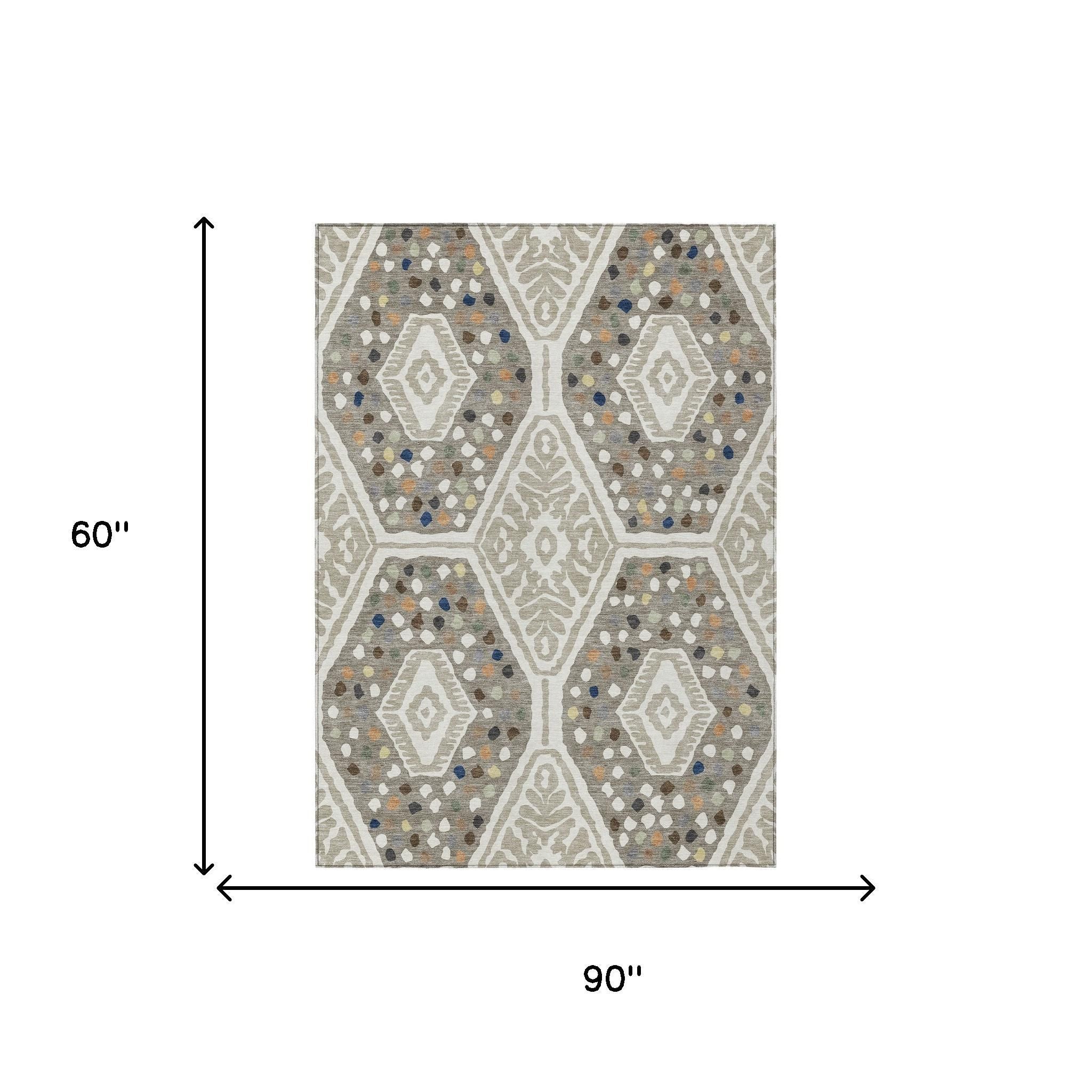 5' X 8' Ivory And Taupe Tribal Washable Indoor Outdoor Area Rug - Sports & Outdoor