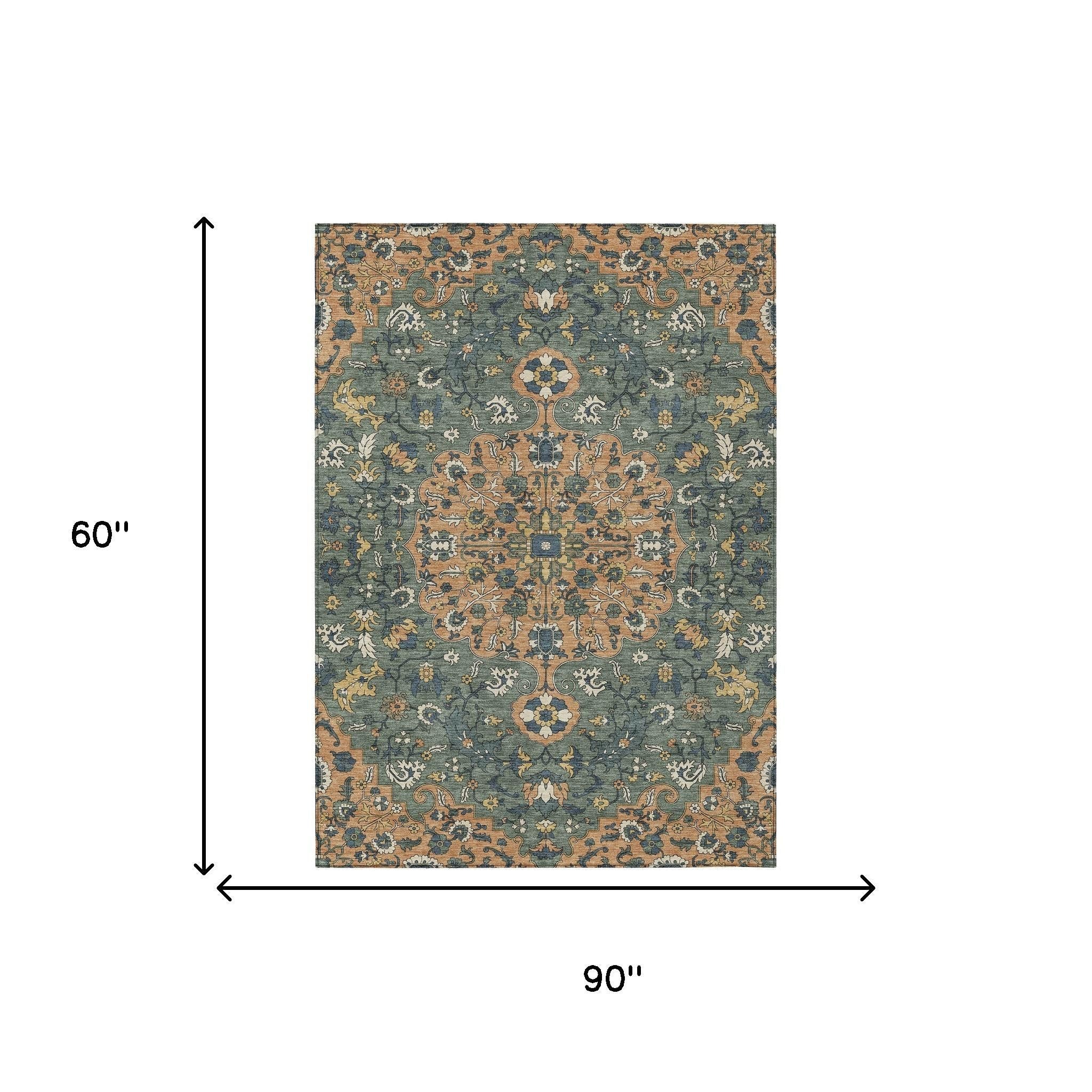 5' X 8' Copper And Sage Floral Medallion Washable Indoor Outdoor Area Rug - Sports & Outdoor