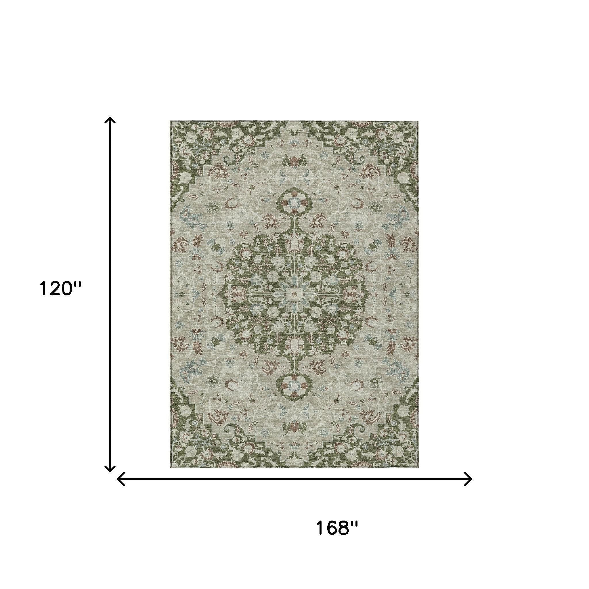 10' X 14' Olive Green And Sage Floral Medallion Washable Indoor Outdoor Area Rug - Sports & Outdoor