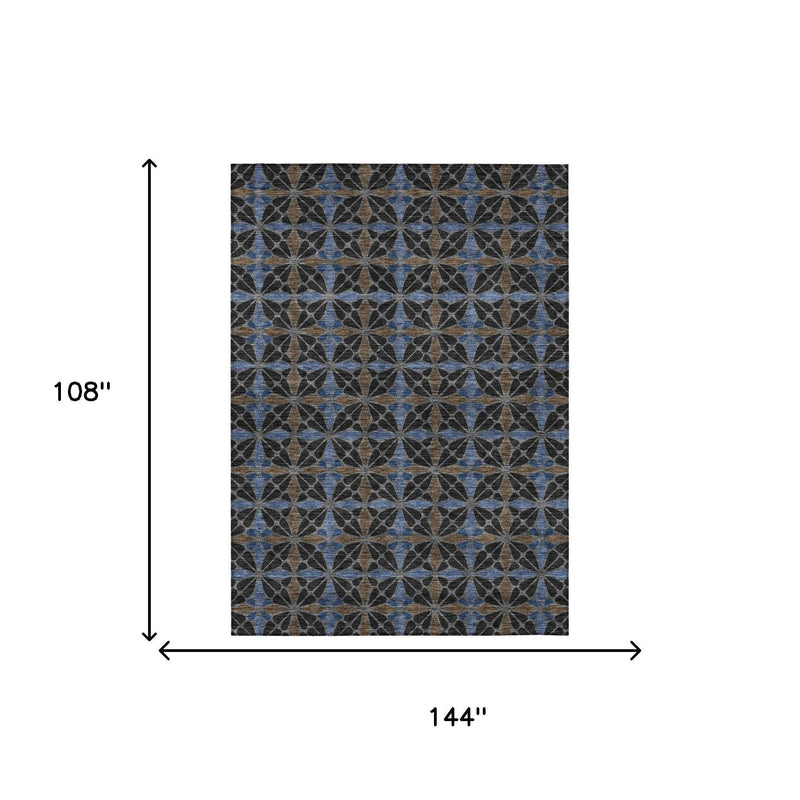 Geometric area rug shown with dimensions 108 in by 144 in