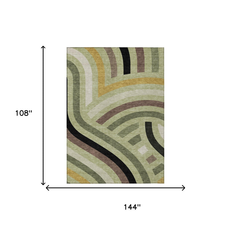 Abstract area rug with green, olive, brown, and black curved lines; rectangular design.