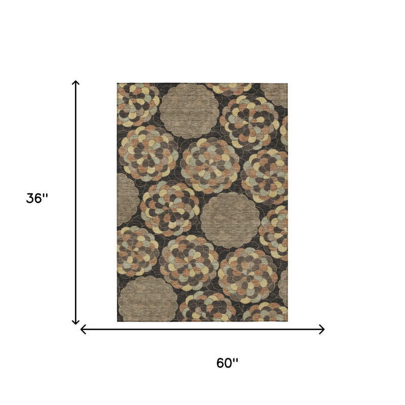 Brown and beige floral area rug, 3 ft x 5 ft (36 in x 60 in), textured low pile