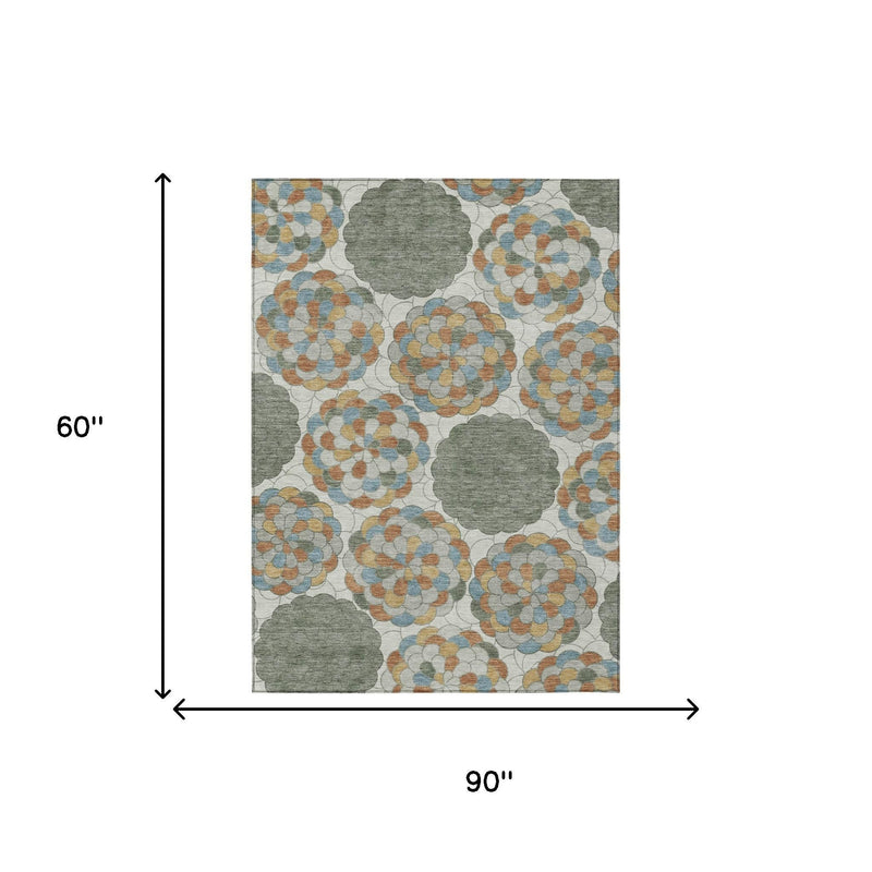 Floral area rug, 90 x 60 in, with gray-green medallions and multicolor blue tan orange blooms