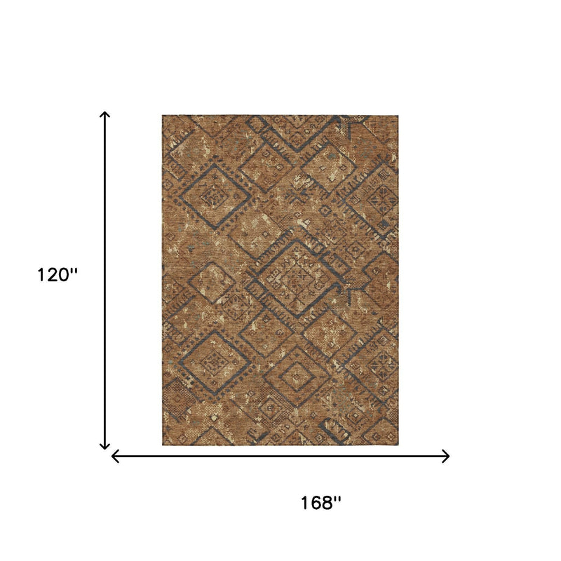 Rectangular area rug, size 10 x 14 ft, orange and gold with blue geometric pattern