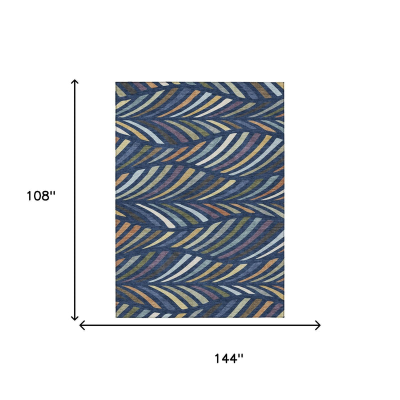 Rectangular area rug diagram, 108 by 144 inches, abstract navy and gold design