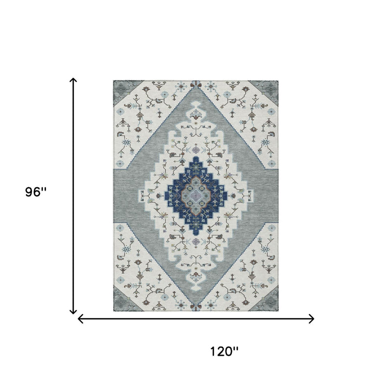Rectangular area rug size diagram, 8 x 10 feet, ivory and silver geometric design