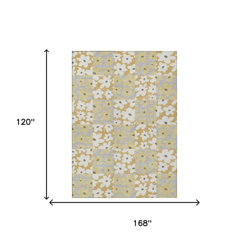 10' x 14' floral patchwork area rug, gold and ivory flowers on gray background
