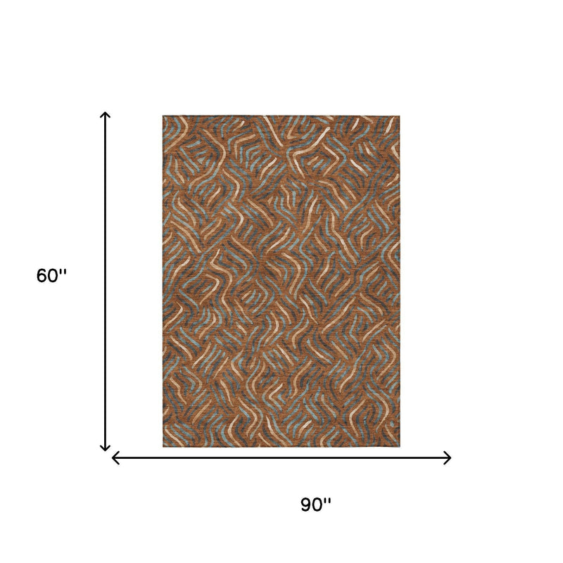 Orange and teal abstract rug, 60 x 90 in, wavy line pattern