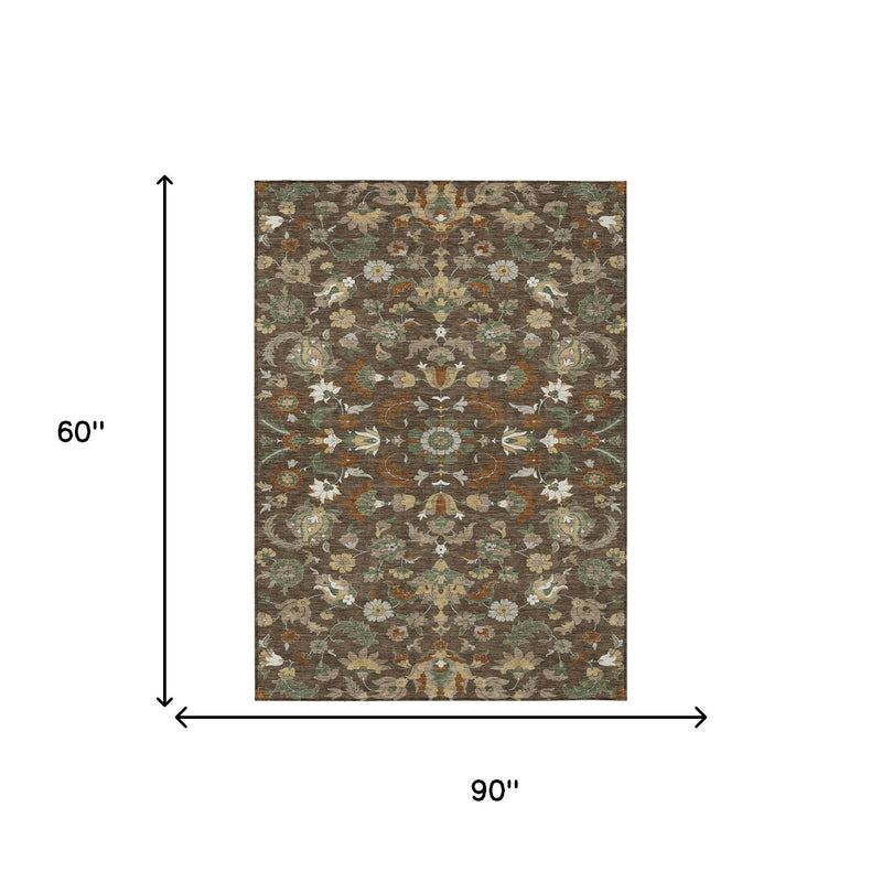 Floral medallion area rug, 90 x 60 in, brown with green, white, and tan accents