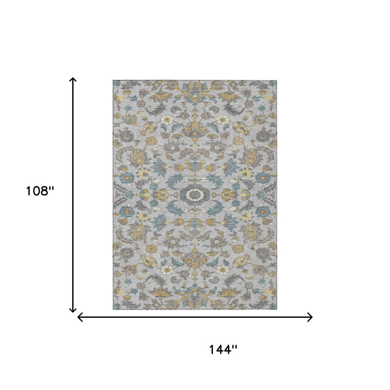 Floral area rug dimensions: 144 in x 108 in; light gray with blue accents.