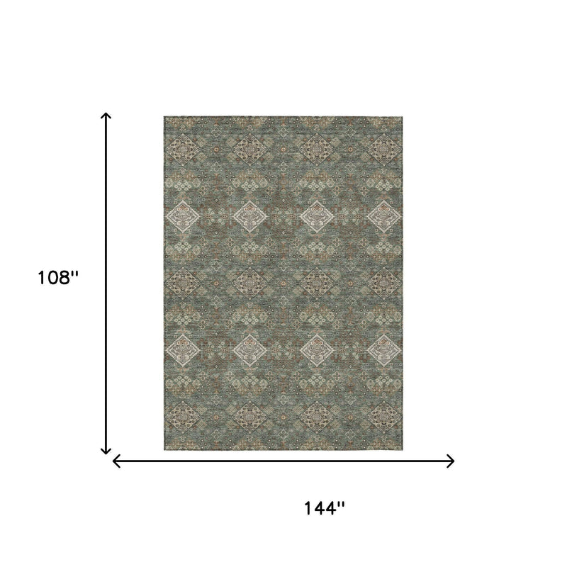 Green and taupe geometric area rug layout showing 144 in by 108 in size.