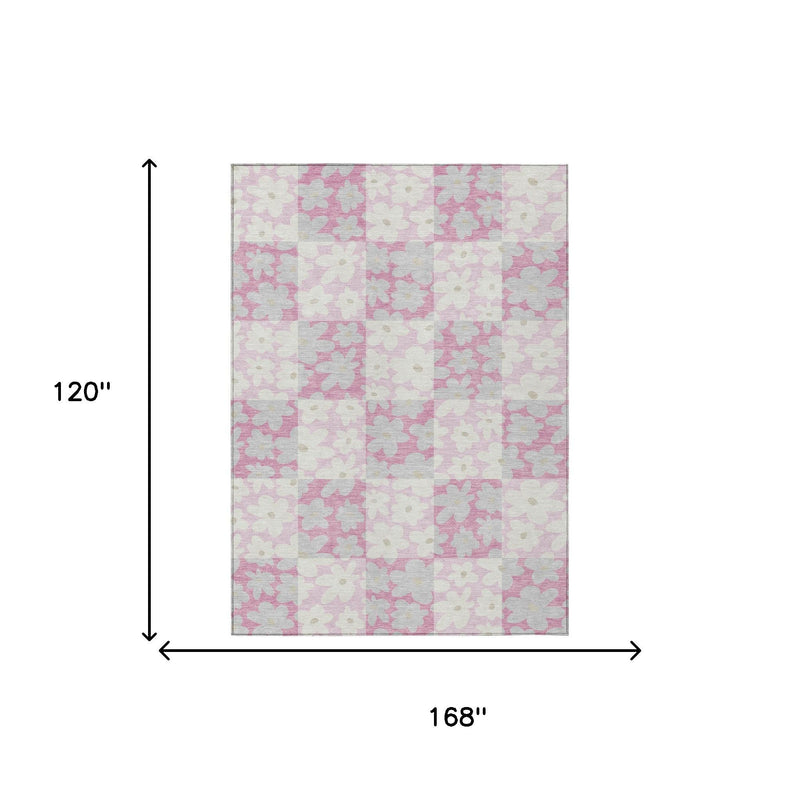 Washable area rug size diagram: 168 in x 120 in, pink and gray floral patchwork