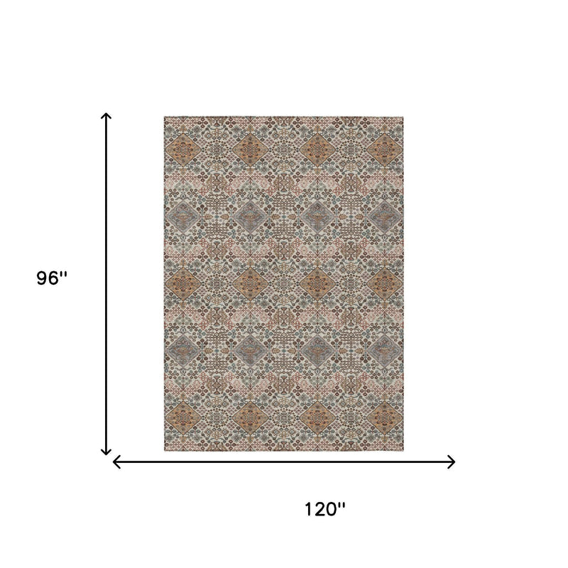 Beige geometric area rug size diagram: 120 in wide by 96 in long