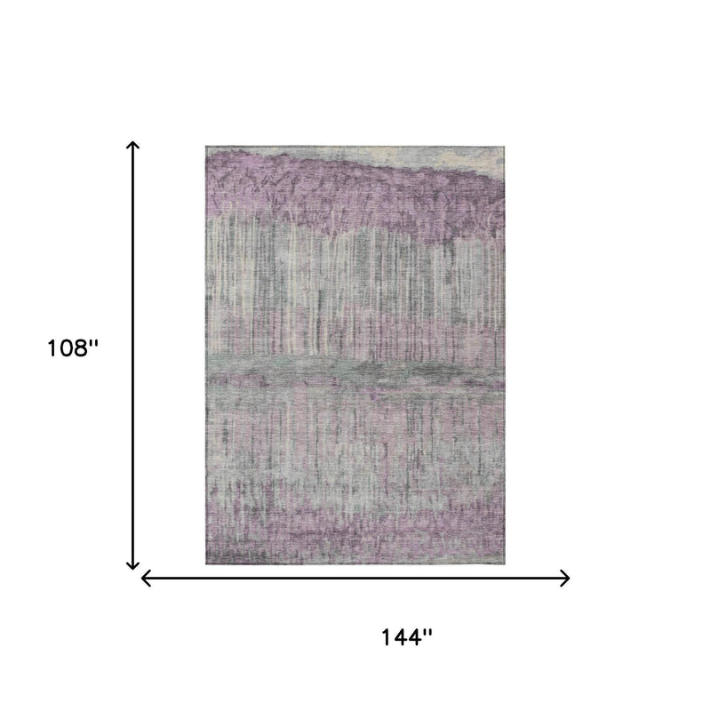 Lavender and plum abstract washable area rug, 9 x 12 ft size diagram.