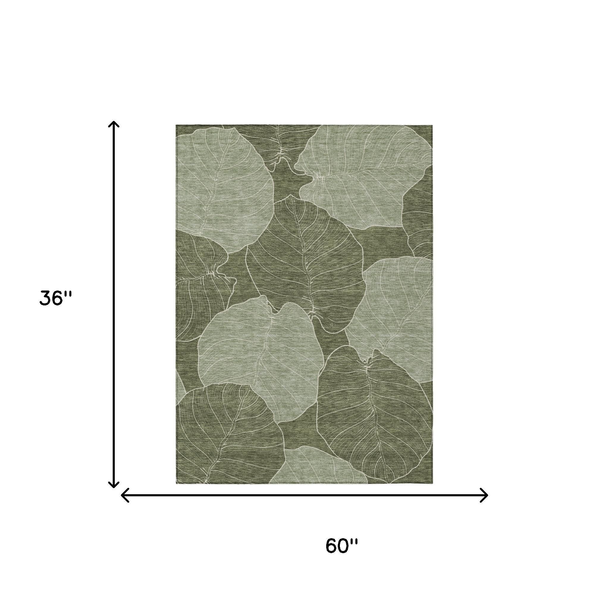 3 x 5 ft olive green area rug with ivory leaf floral pattern