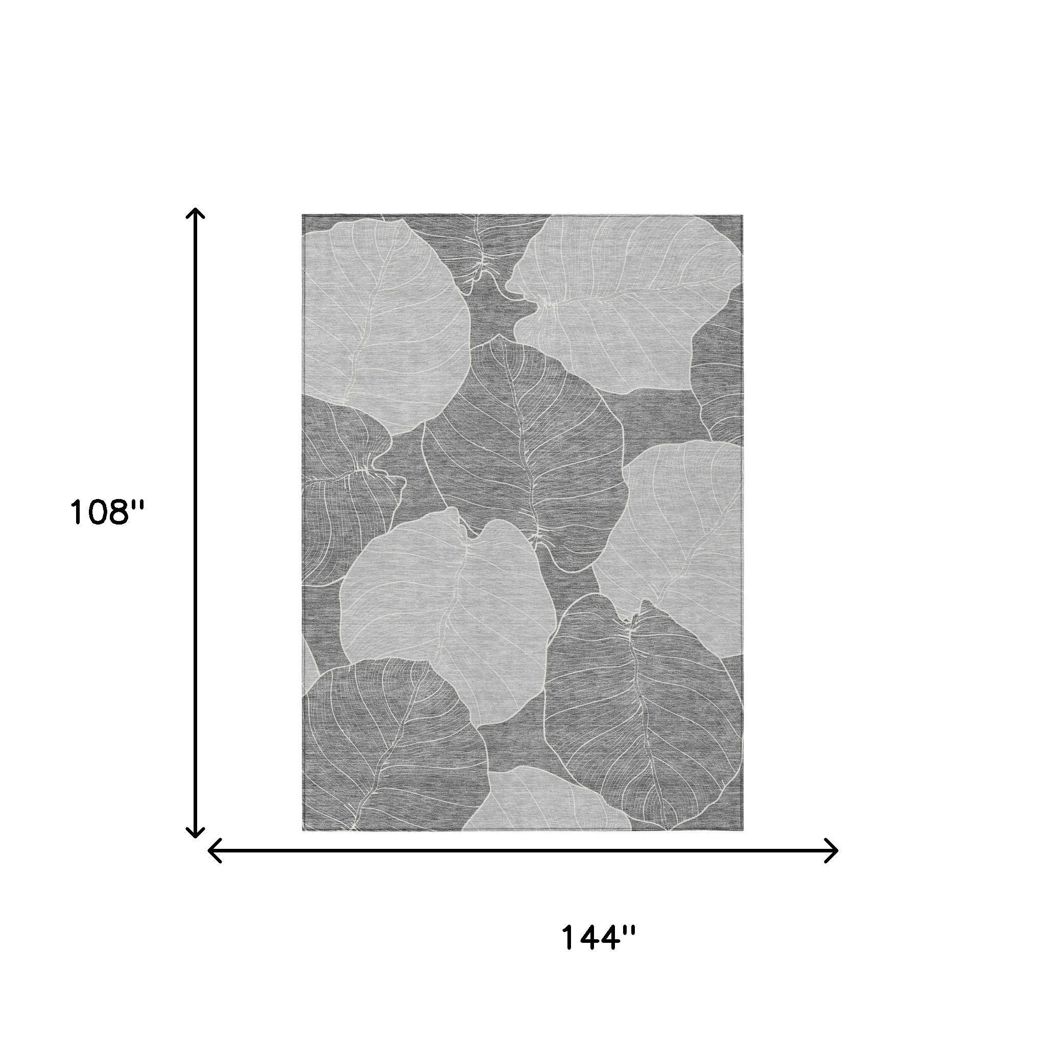 Gray and ivory leaf-pattern area rug size 108 in x 144 in diagram
