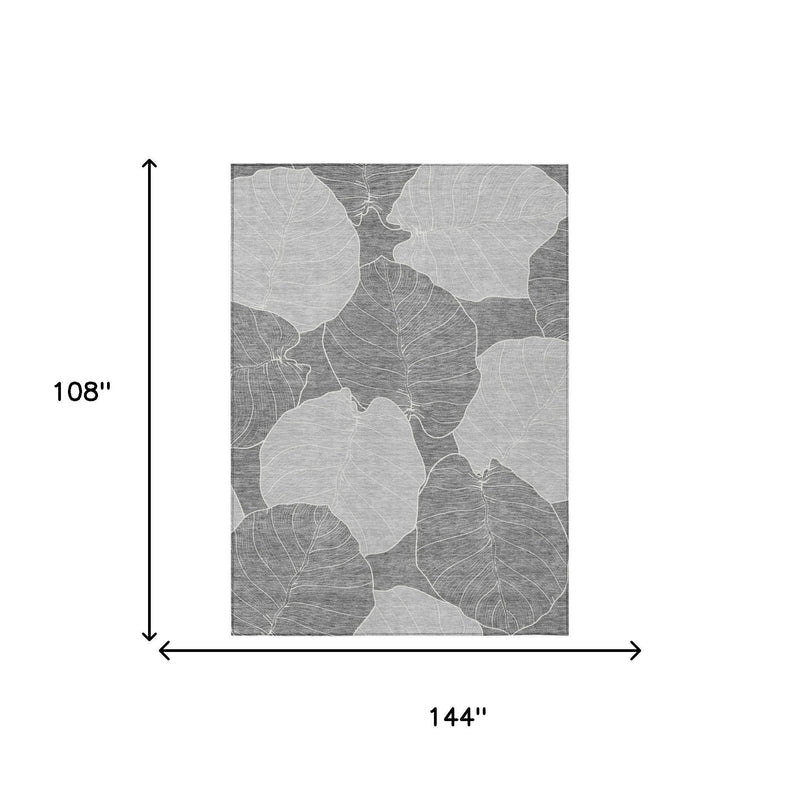 Gray and ivory leaf-pattern area rug size 108 in x 144 in diagram