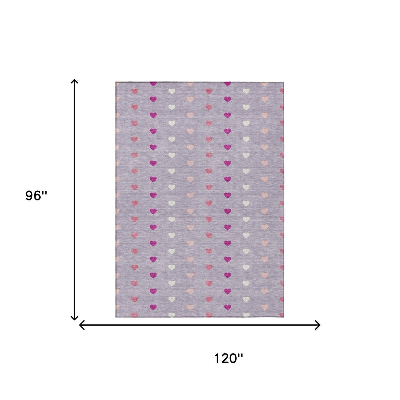 Lavender heart-pattern area rug with 96 in by 120 in dimensions