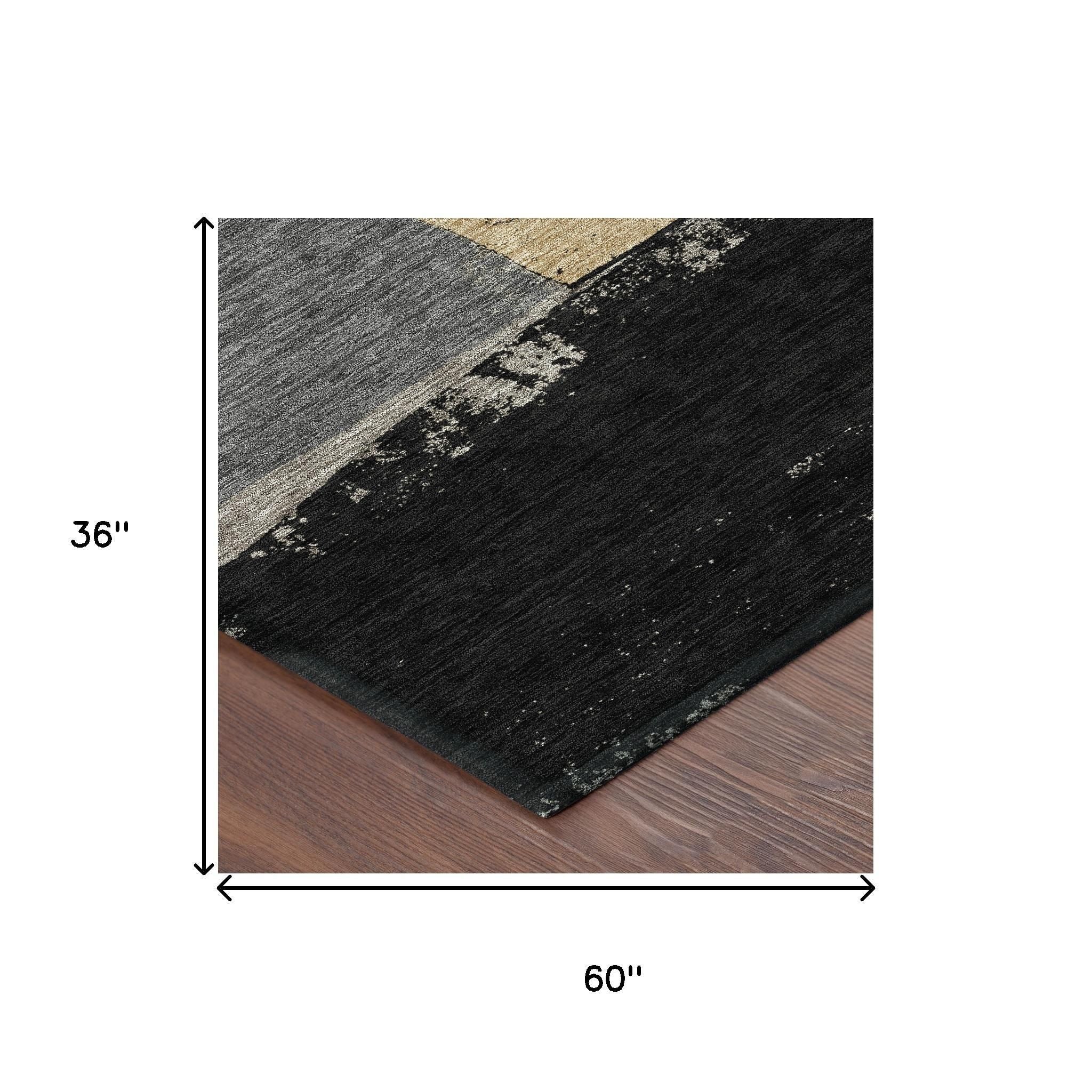 3' X 5' Black And Charcoal Geometric Washable Indoor Outdoor Area Rug - Sports & Outdoor