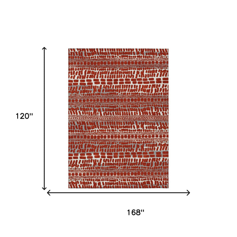 Abstract area rug size chart: 10 ft x 14 ft with red and gray pattern