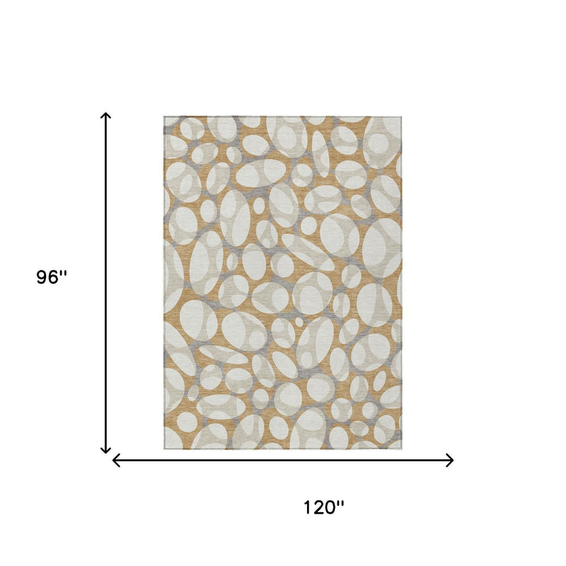 Area rug size diagram, 8 x 10 ft, abstract oval pattern in tan and gray