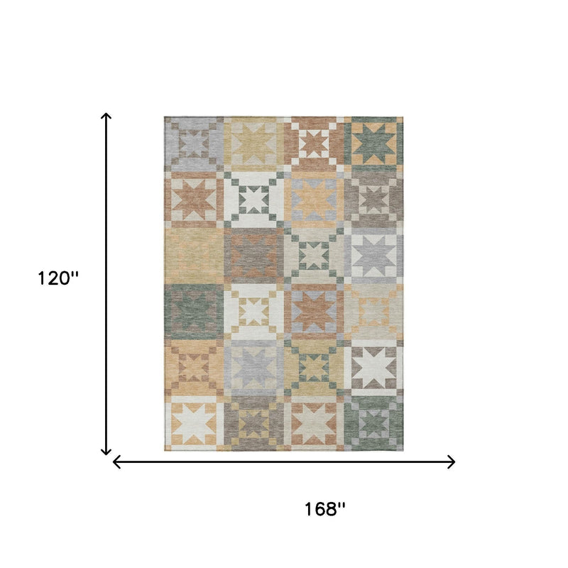 Patchwork indoor outdoor area rug with geometric stars in ivory, silver, tan, and gray
