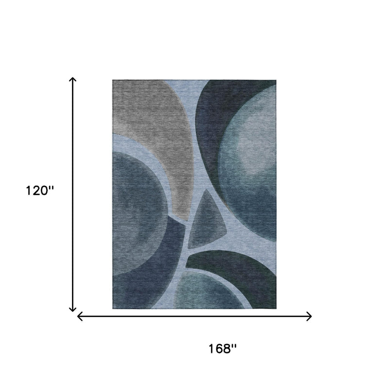 Abstract area rug with blue-gray abstract design, 168 in by 120 in