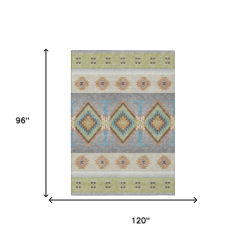 Southwestern area rug, 8 x 10 ft, with diamond and stripe pattern in green and gray.