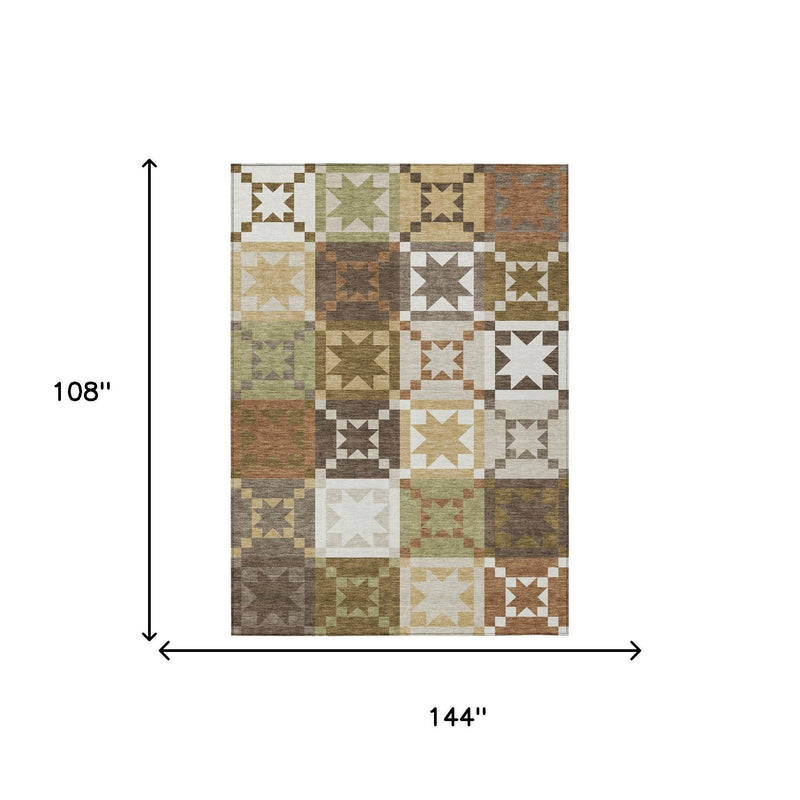 Patchwork area rug with star squares in muted tones, shown with dimensions