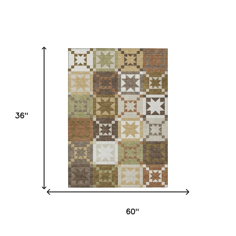 Patchwork area rug, 60 in x 36 in, star-square pattern in brown, green, tan