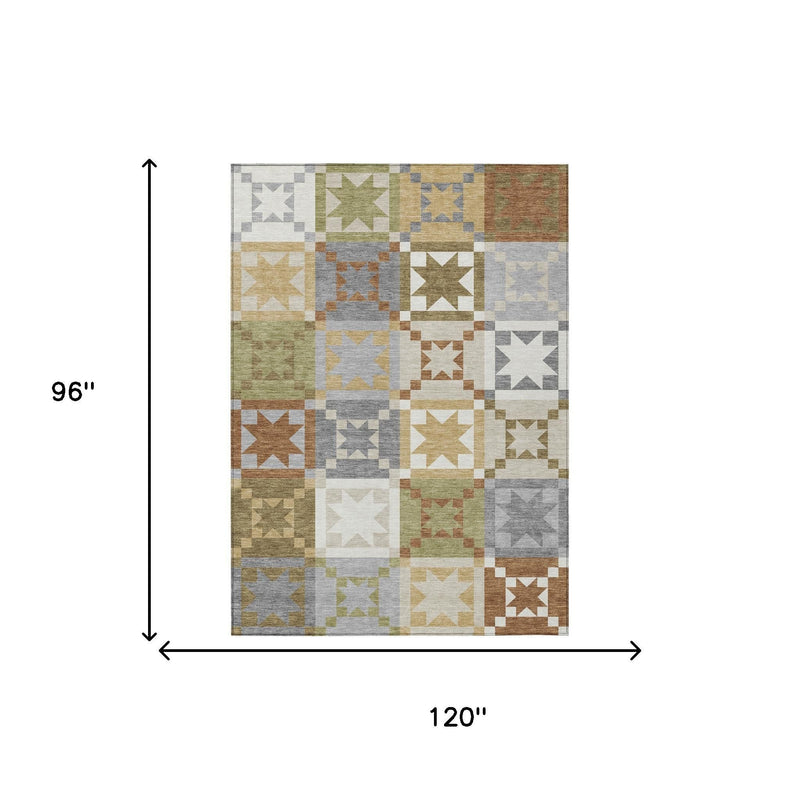Gray and olive green patchwork area rug with geometric star blocks, 8x10 ft size