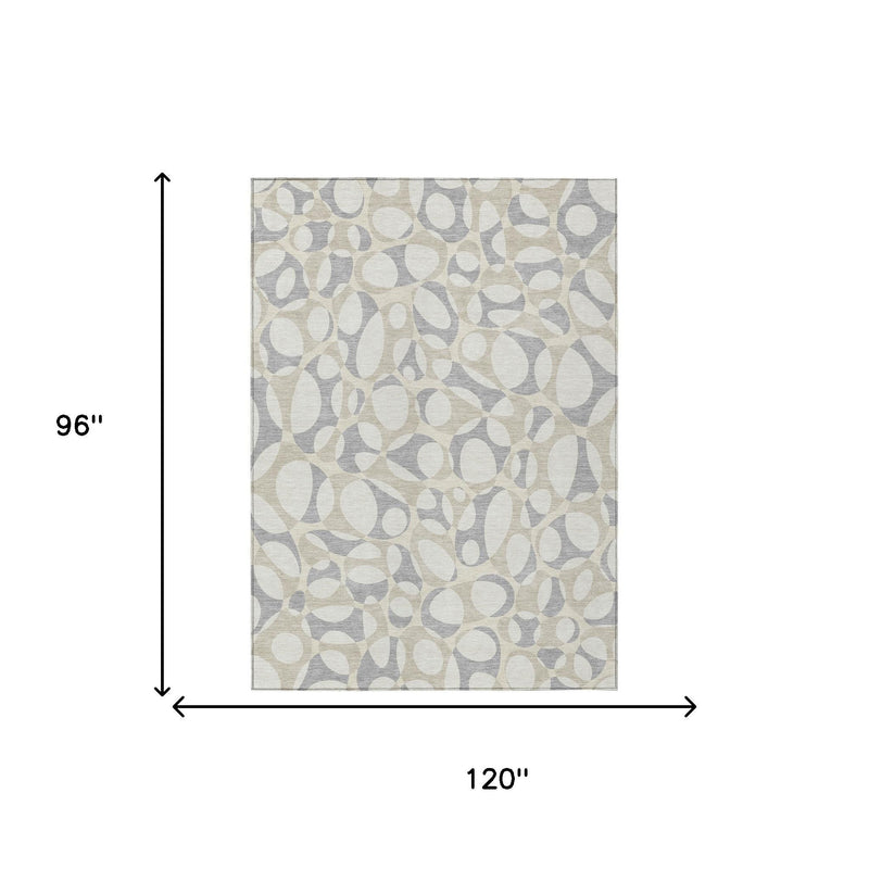 8 x 10 ft indoor-outdoor area rug with abstract oval pebble pattern in ivory and gray