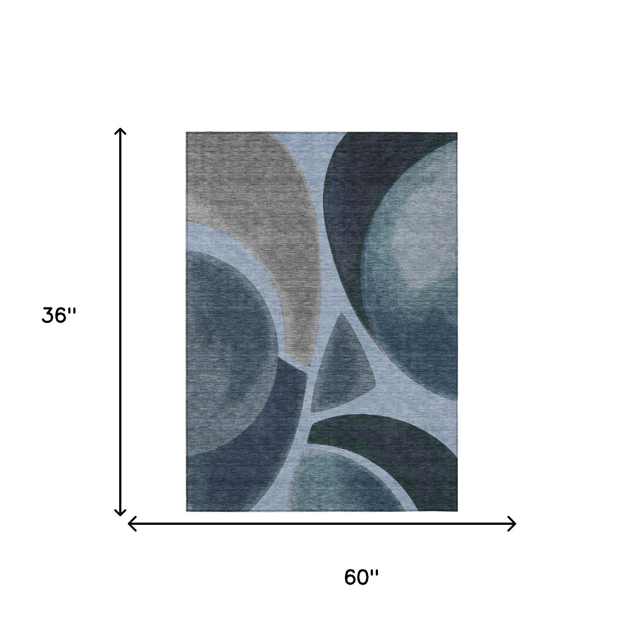 3' X 5' Denim Blue And Navy Blue Abstract Washable Indoor Outdoor Area Rug - Sports & Outdoor