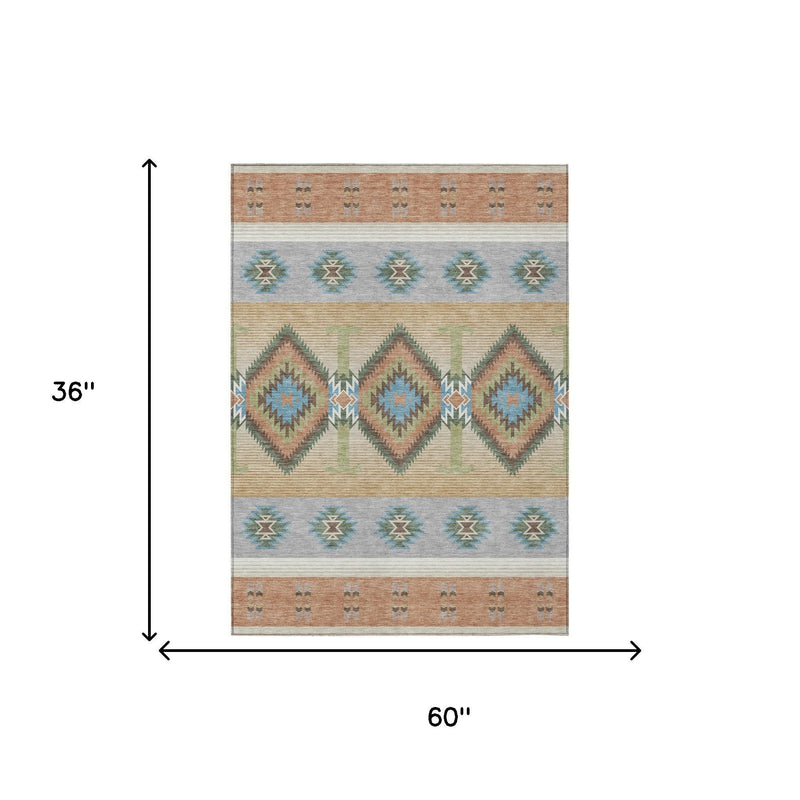 Copper and silver southwestern area rug, 3x5 ft, geometric design with border