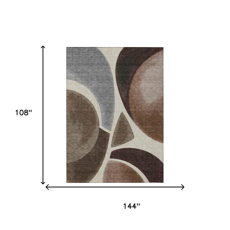 Area rug, 9 x 12 ft, abstract gray and brown curved design on beige