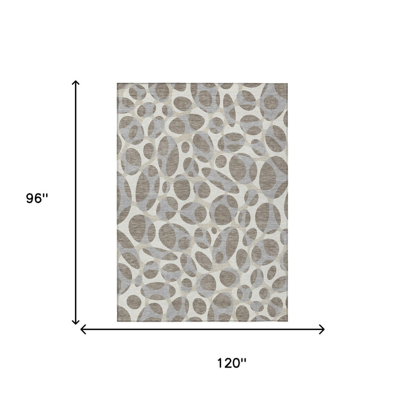 Abstract area rug, 8x10 ft, oval motif in taupe and brown