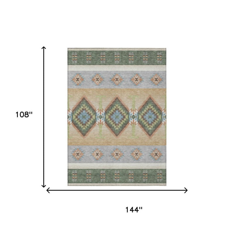 Rectangle area rug, 9 x 12 ft, southwestern pattern in green and tan bands
