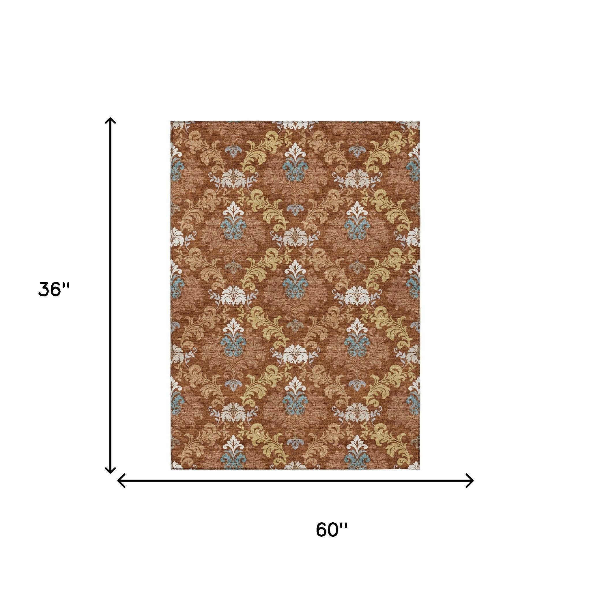 3' X 5' Orange And Gold Damask Washable Indoor Outdoor Area Rug - Sports & Outdoor