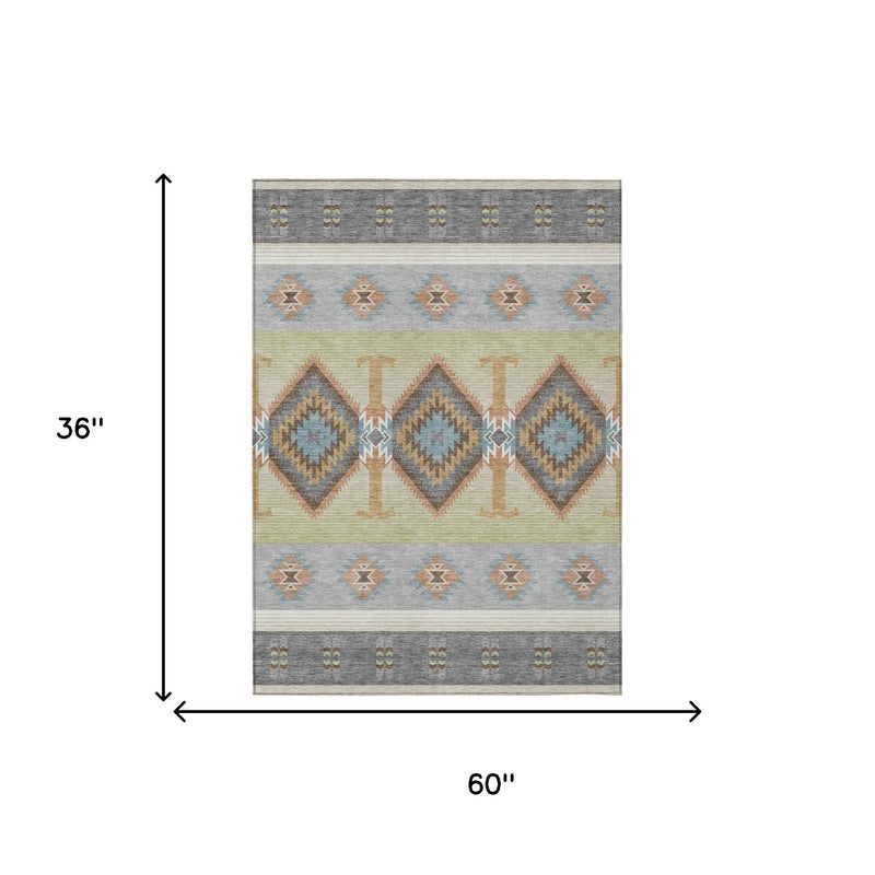 Gray 3x5 area rug shown with dimensions 36in by 60in, southwestern diamond and zigzag pattern