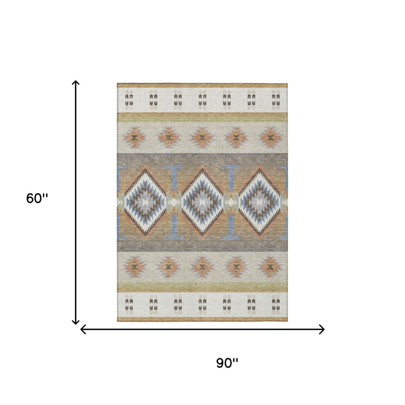 Southwestern area rug with 90 in x 60 in dimensions and ivory, blue-gray, and beige pattern